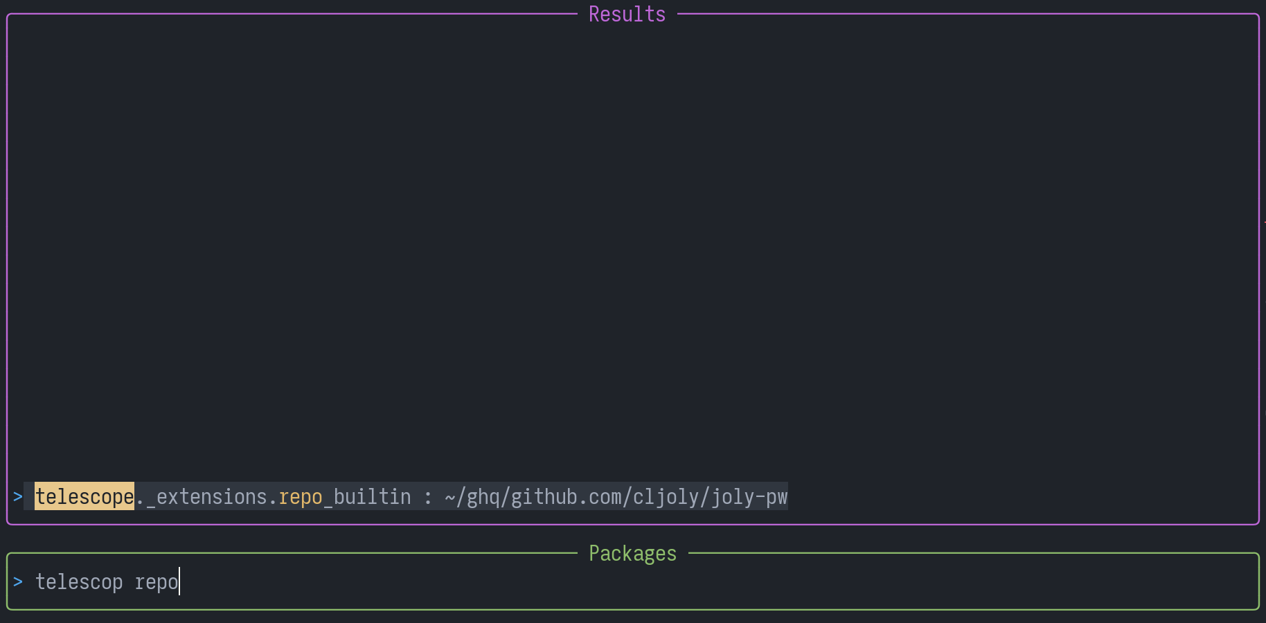 You type “telescop repo” and the corresponding Lua module surfaces. It will be reloaded when you hit Enter.